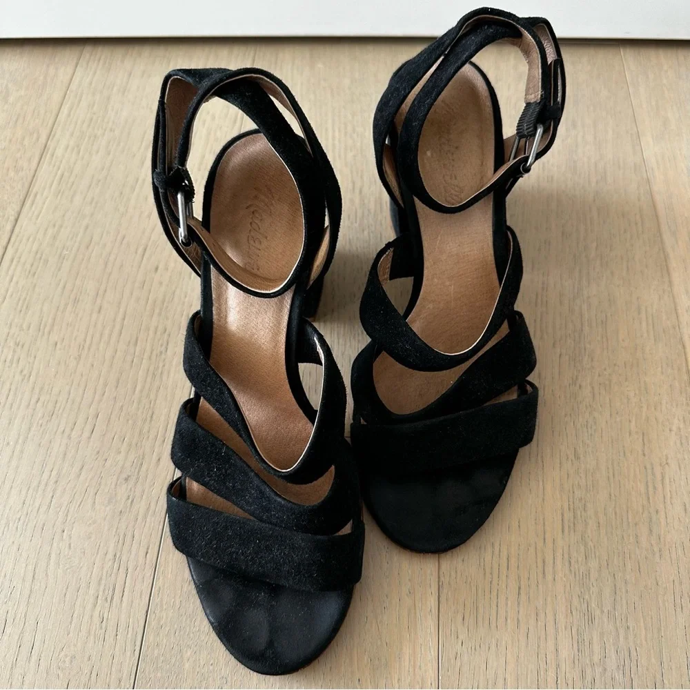 Madewell Black Suede Strappy Block Heel Sandals